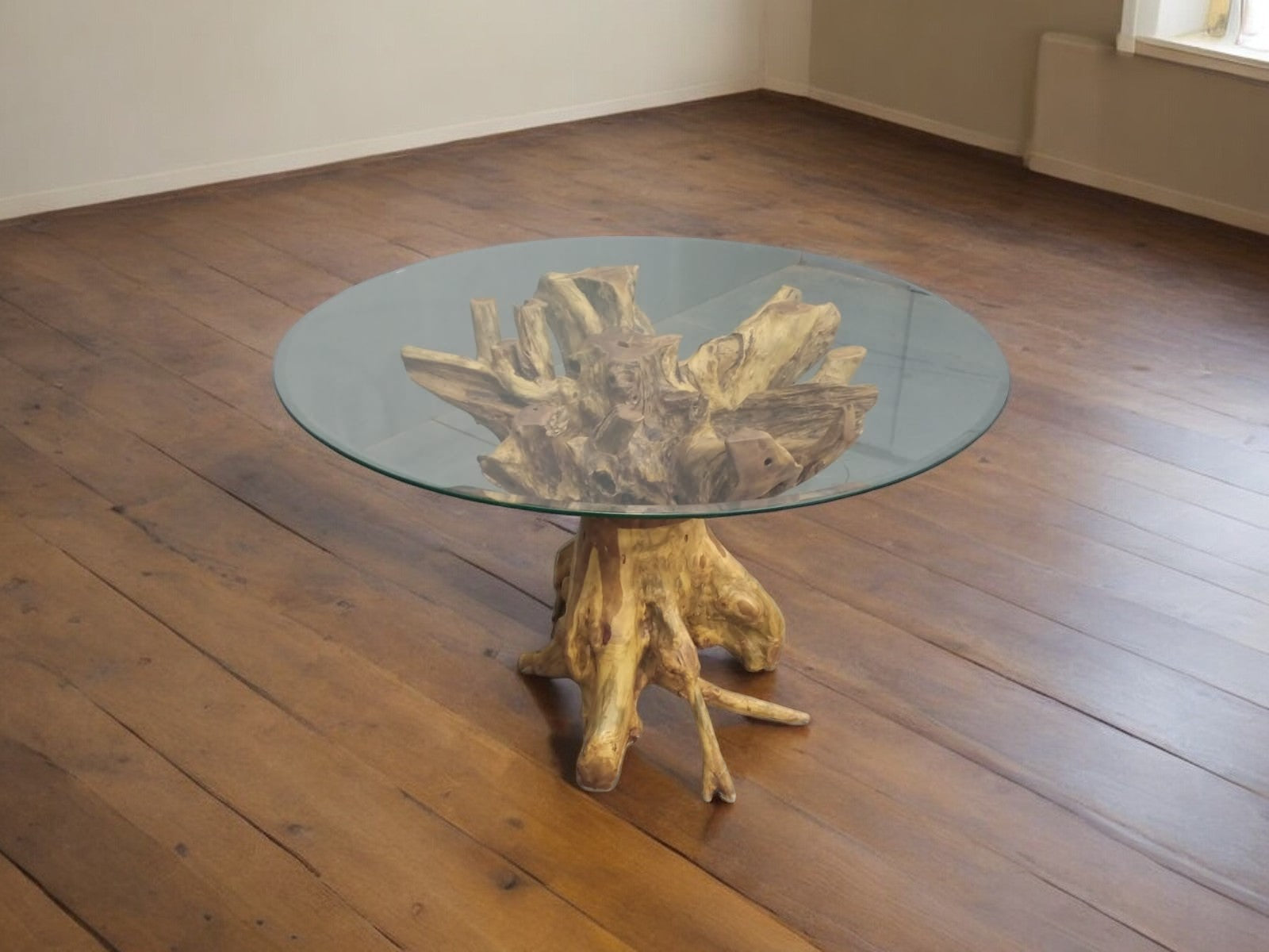 The 120Cm Round Tempered Glass Teak Live Edge Dining Table