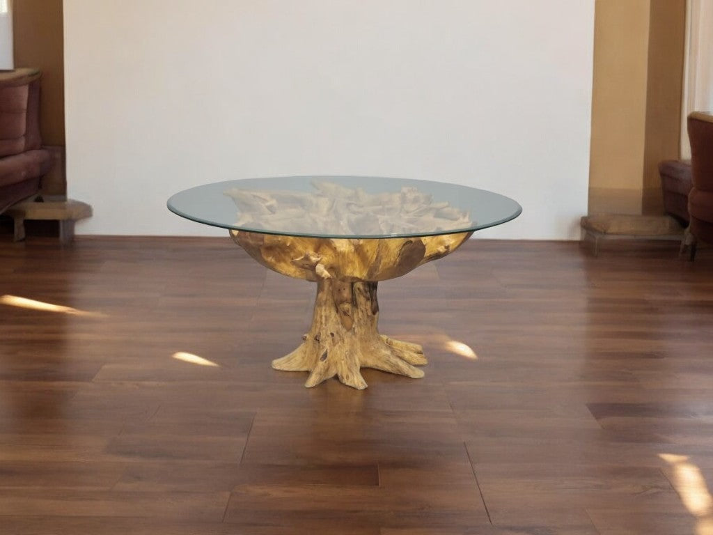 The 120Cm Round Tempered Glass Teak Live Edge Dining Table